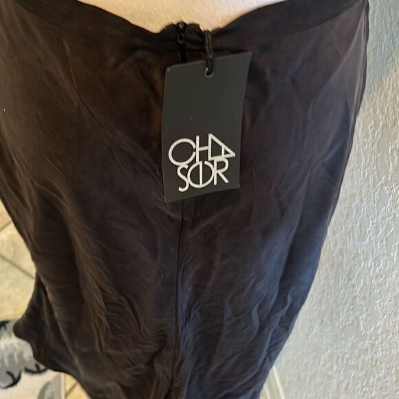 Chaser Womens M Satin Flared Midi Skirt Solid Black Minimalist Office Modest New - Picture 7 of 9